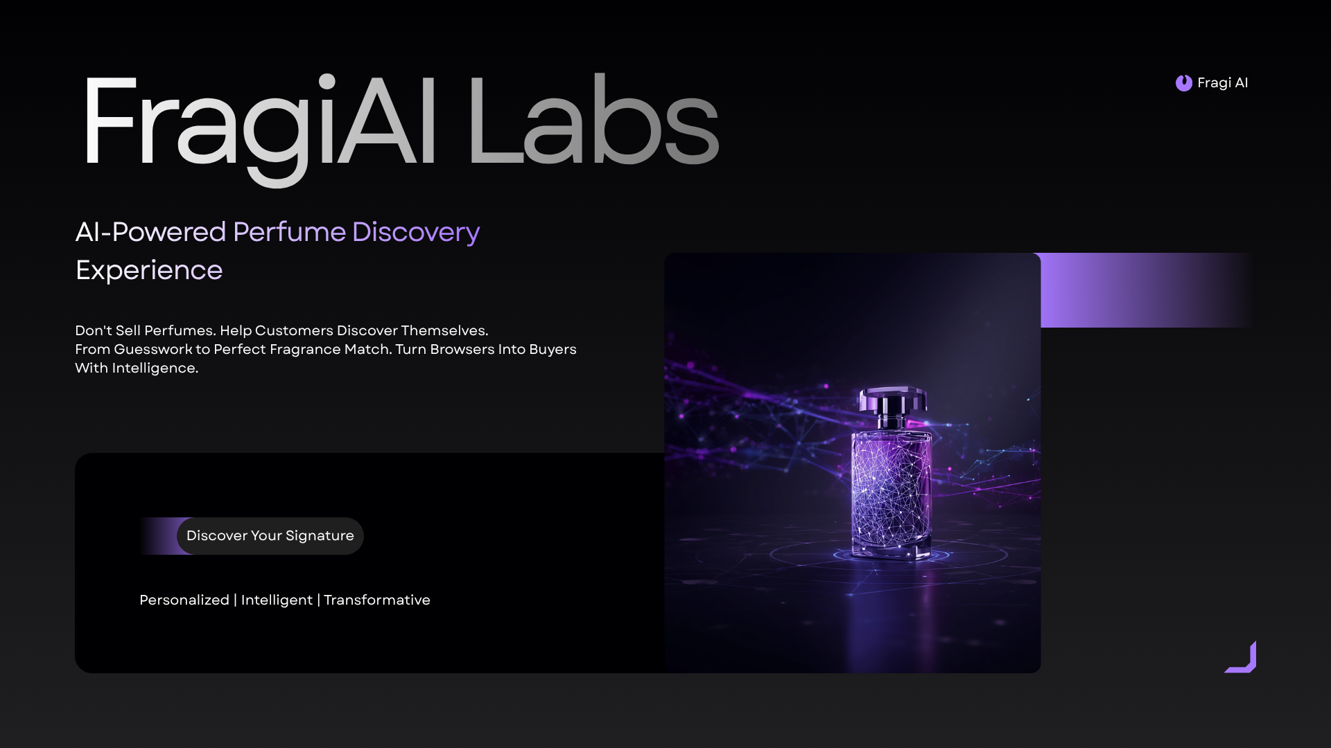 FragAI Labs product deck visual showing AI perfume discovery